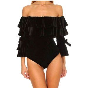 Misa Los Angeles Alecia Black Velvet Off Shoulder Ruffle Body Suit Medium NWT